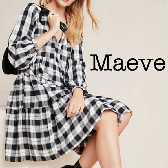 New Anthropologie Maeve Amber Plaid Tiered Tunic Dress Size Small - Picture 1 of 14